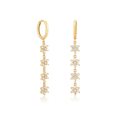 Gold CZ Flower Drop Chain Earrings