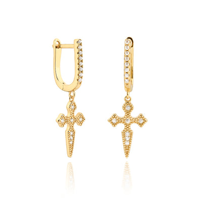 Gold medieval crystal cross earrings