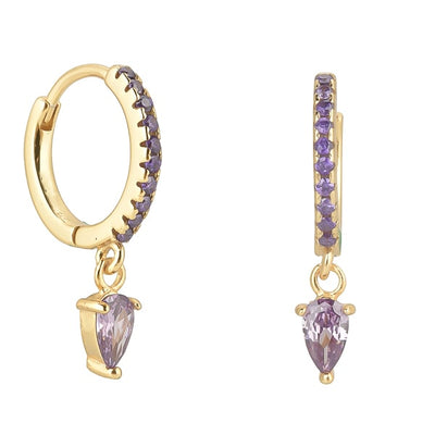 Gold purple crystal teardrop hoops