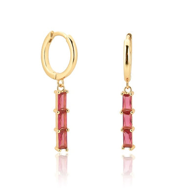 Gold red triple baguette drop hoops