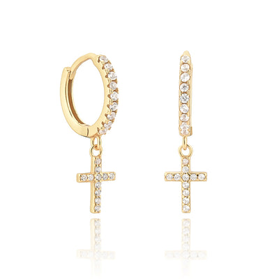 Gold White Crystal Cross Huggie Earrings
