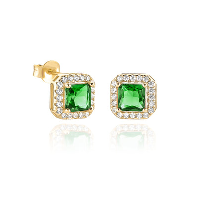 Gold Green Square Halo Stud Earrings