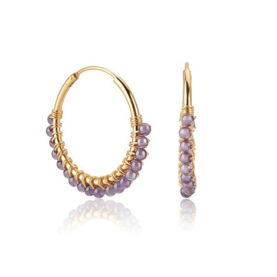 Purple beaded gold hoops