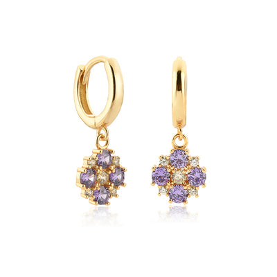 Gold purple mosaic drop hoops