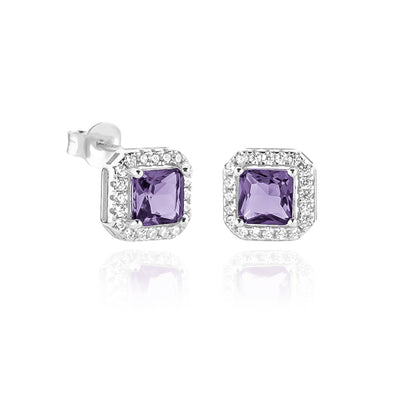 Silver purple square halo studs