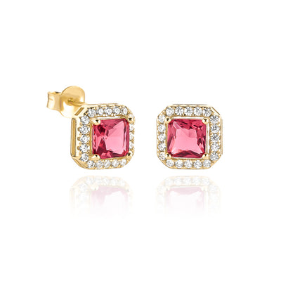 Gold Red Square Halo Stud Earrings