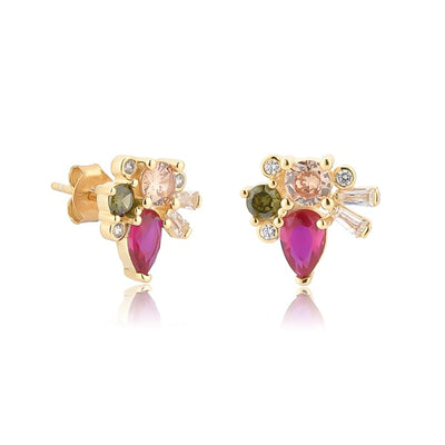 Gold rose red crystal cluster studs