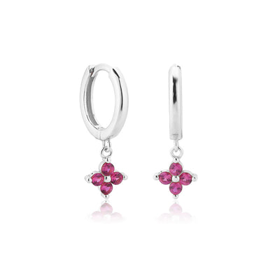 Silver Pink Flower Huggie Earrings