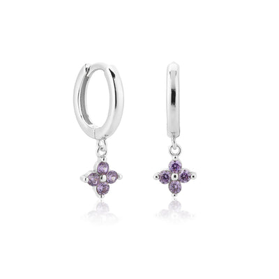 Silver Purple Flower Huggie Hoops