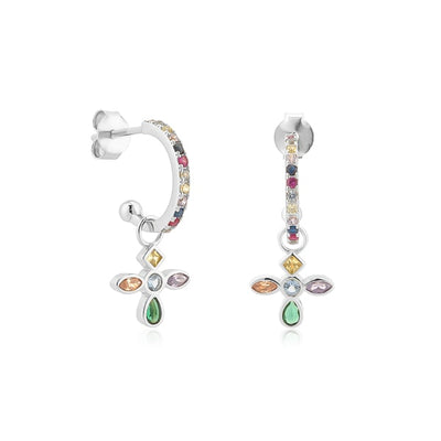 Silver colorful crystal cross charm earrings