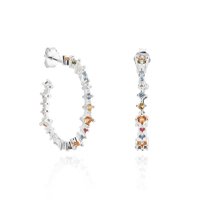 Large silver colorful crystal hoops