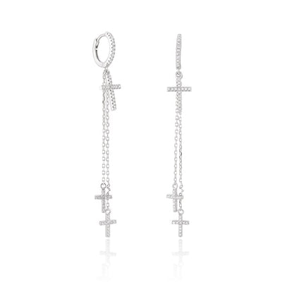 Silver Crystal Cross Drop Chain Earrings