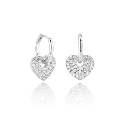 Silver Crystal Heart Huggie Earrings