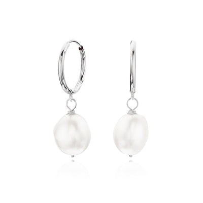 Silver Pearl Drop Hoop Earrings