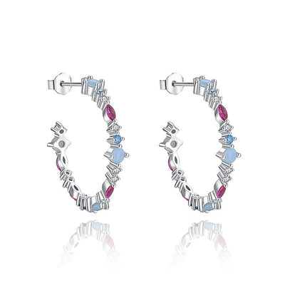 Silver Blue & Red Crystal Hoop Earrings