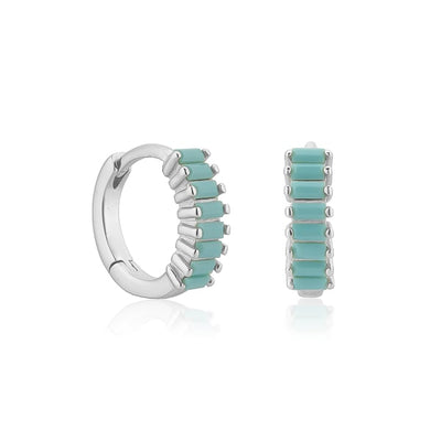 Silver Turquoise Emerald-Cut Crystal Huggies