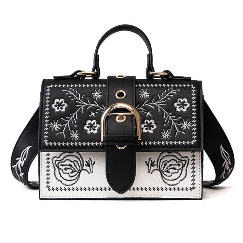 Metallic badge vintage handbag female black color sun flowers design  shoulder crossbody bag F1192