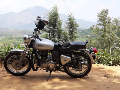 One of our Royal Enfield 350cc motorcycles in Southern India