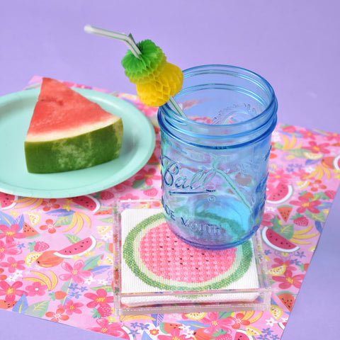 Watermelon needlepoint coaster with mason jar drink & straw