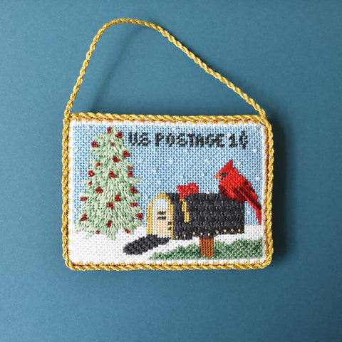 Vintage Stamp Cardinal on Mailbox finished needlepoint ornament