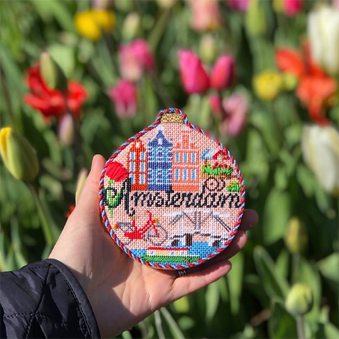 Finished Amsterdam Travel Round needlepoint ornament