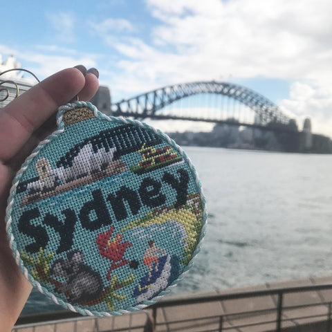 Finished Sydney Travel Round needlepoint ornament