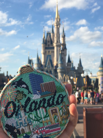 Finished Orlando Travel Round needlepoint ornament