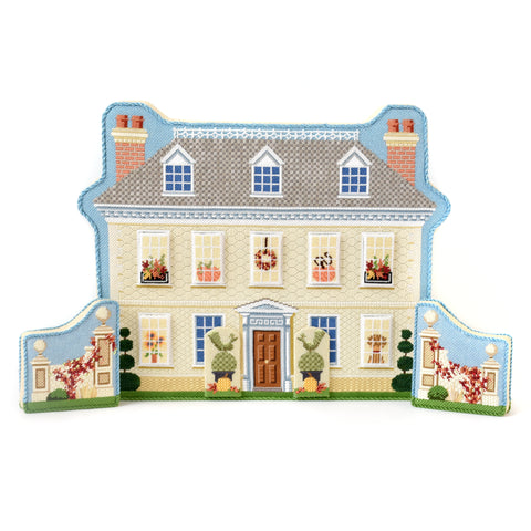 Manor House with Fall Windows finished needlepoint stand-up