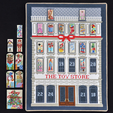 Kirk & Bradley's Toy Store advent calendar needlepoint canvas finished