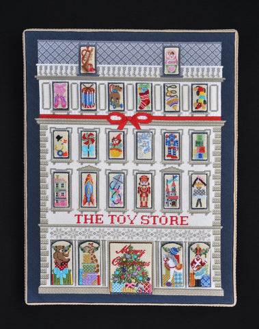 Kirk & Bradley's Toy Store advent calendar finished needlepoint stand-up