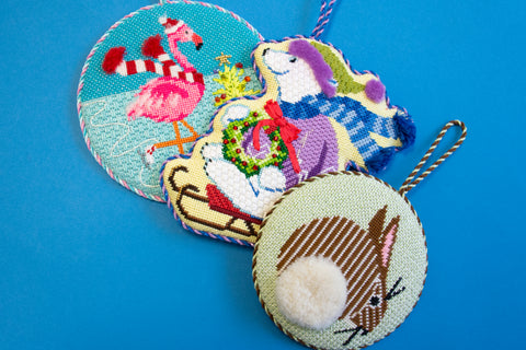 Various finished needlepoint ornaments with Turkey Work