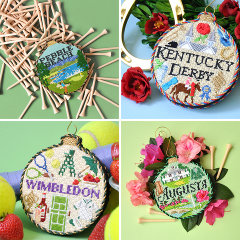 Kirk & Bradley's sporting rounds finished needlepoint ornaments