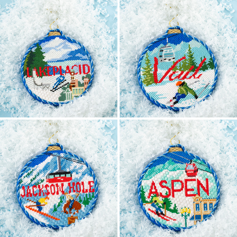 Kirk & Bradley's ski series finished needlepoint ornaments