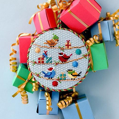 Birds with Christmas Gifts finished needlepoint ornament