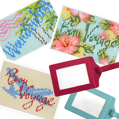 needlepoint leather luggage tags and canvases