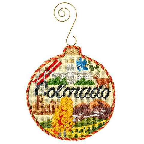 Finished Colorado Travel Round needlepoint ornament