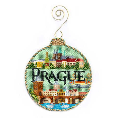 Finished Prague Travel Round needlepoint ornament