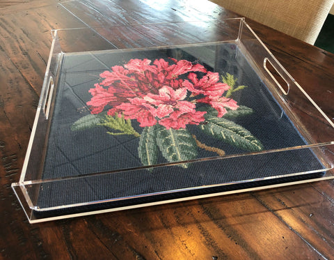 Finished Rhododendron needlepoint inside of acrylic tray