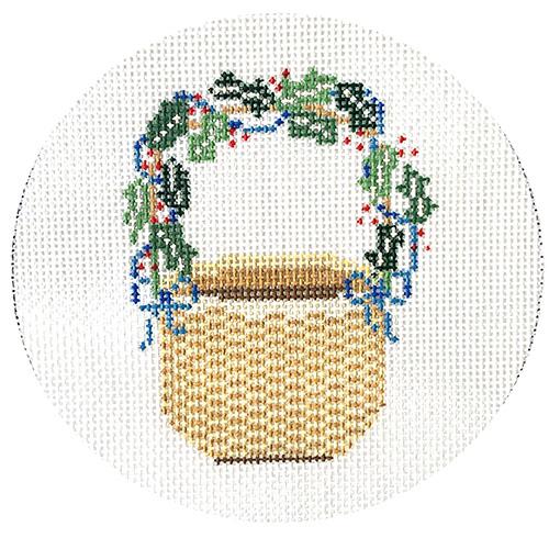 Nantucket Basket Ornament - Holly & Ribbon Handle Painted Canvas CBK Needlepoint Collections 