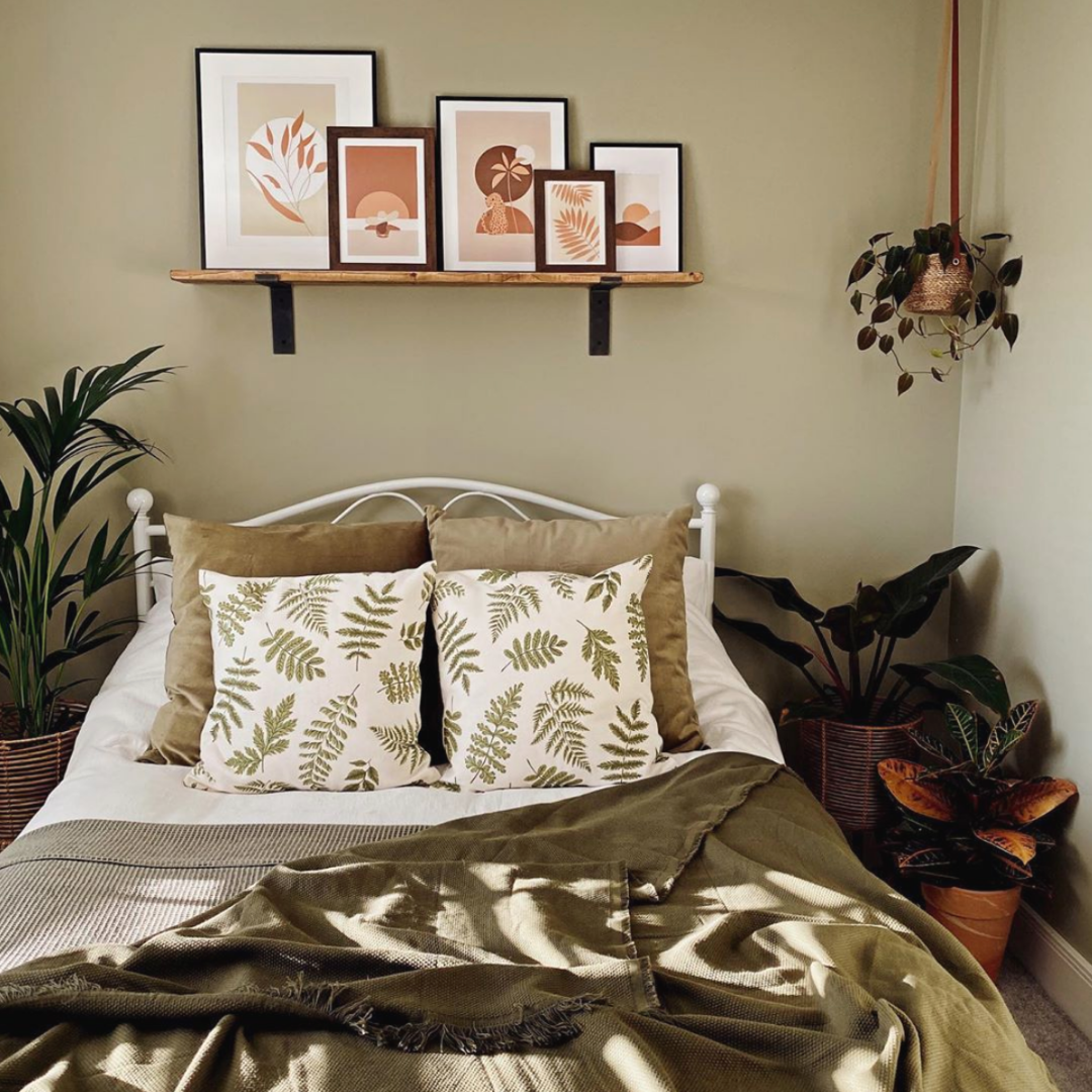 small bedroom with wooden shelf storage