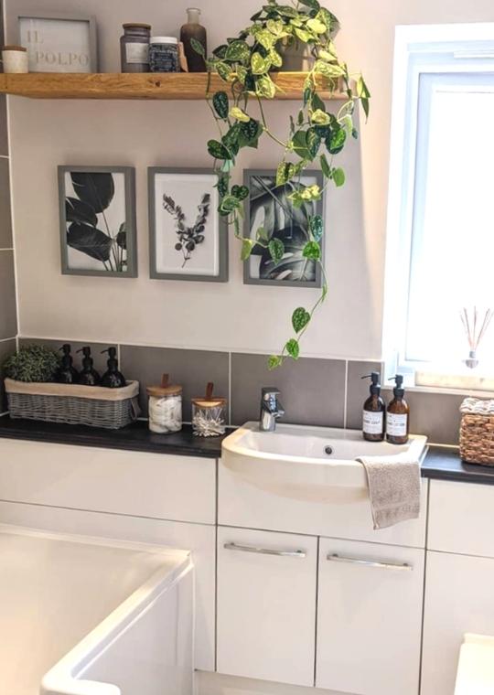 bathroom with baskets and wooden shelves for storage