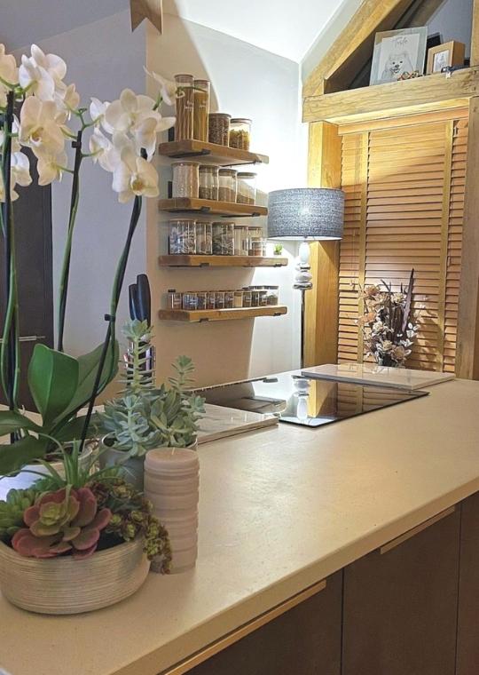 wooden shelves in kitchen for spices