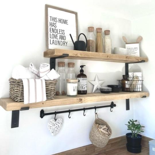 wooden shelves as a storage idea in laundry room