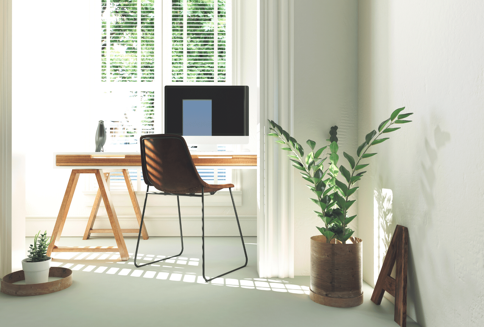 Aesthetic interior of home office interior with design chair, wooden desk,  plants, shelf, office accessories, post cards, photos and decoration.  Minimalist home decor. Template. Stock Photo