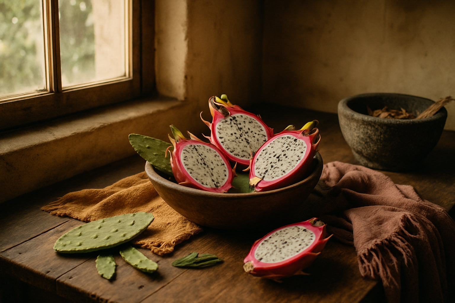 Rustic kitchen scene with dragon fruit halves, cactus leaves, textiles, and herbs in warm light.