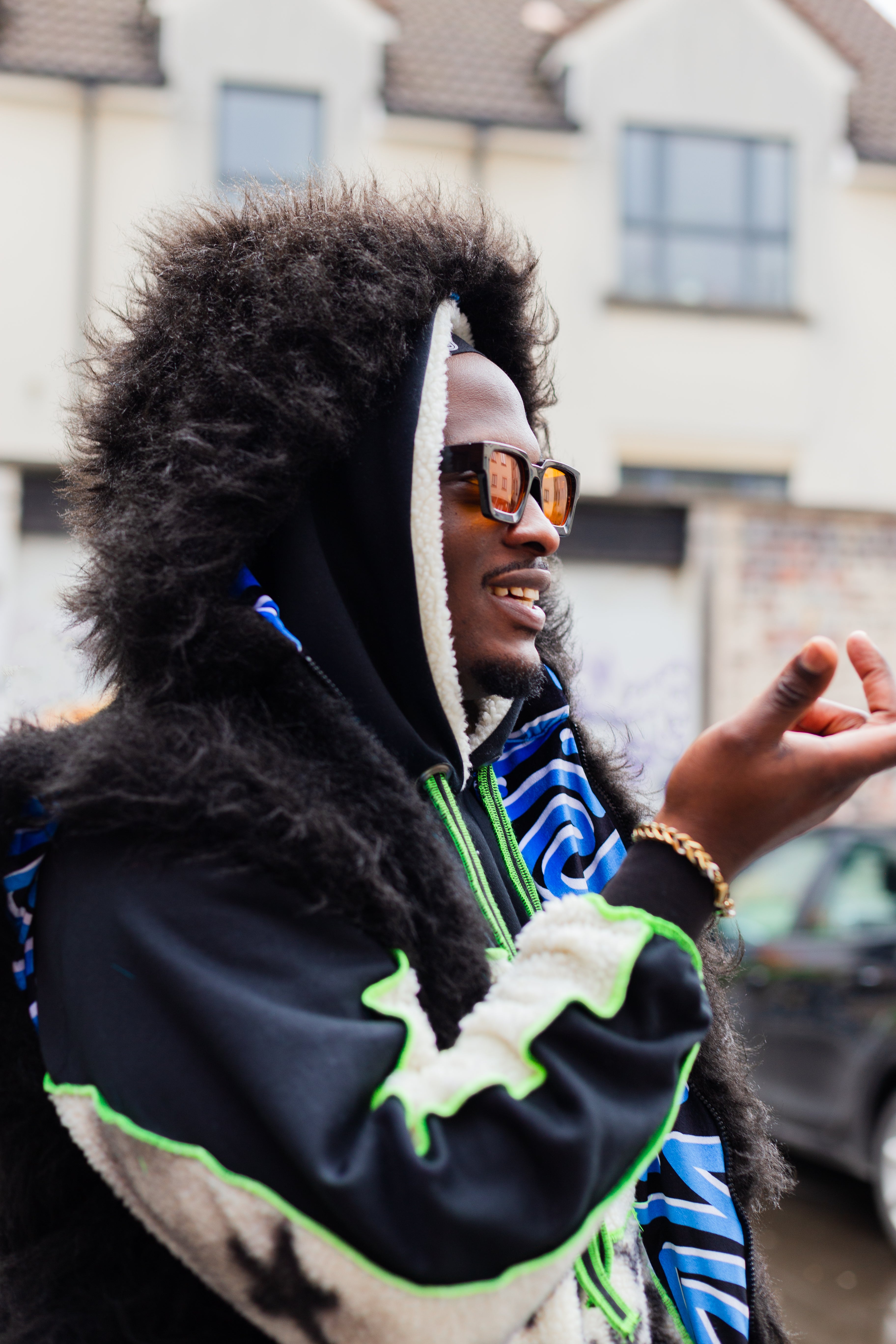 afrobeat artist Kehinde from Lagos wearing Bellisa x streetwear fashion in Bristol Pirate Studios