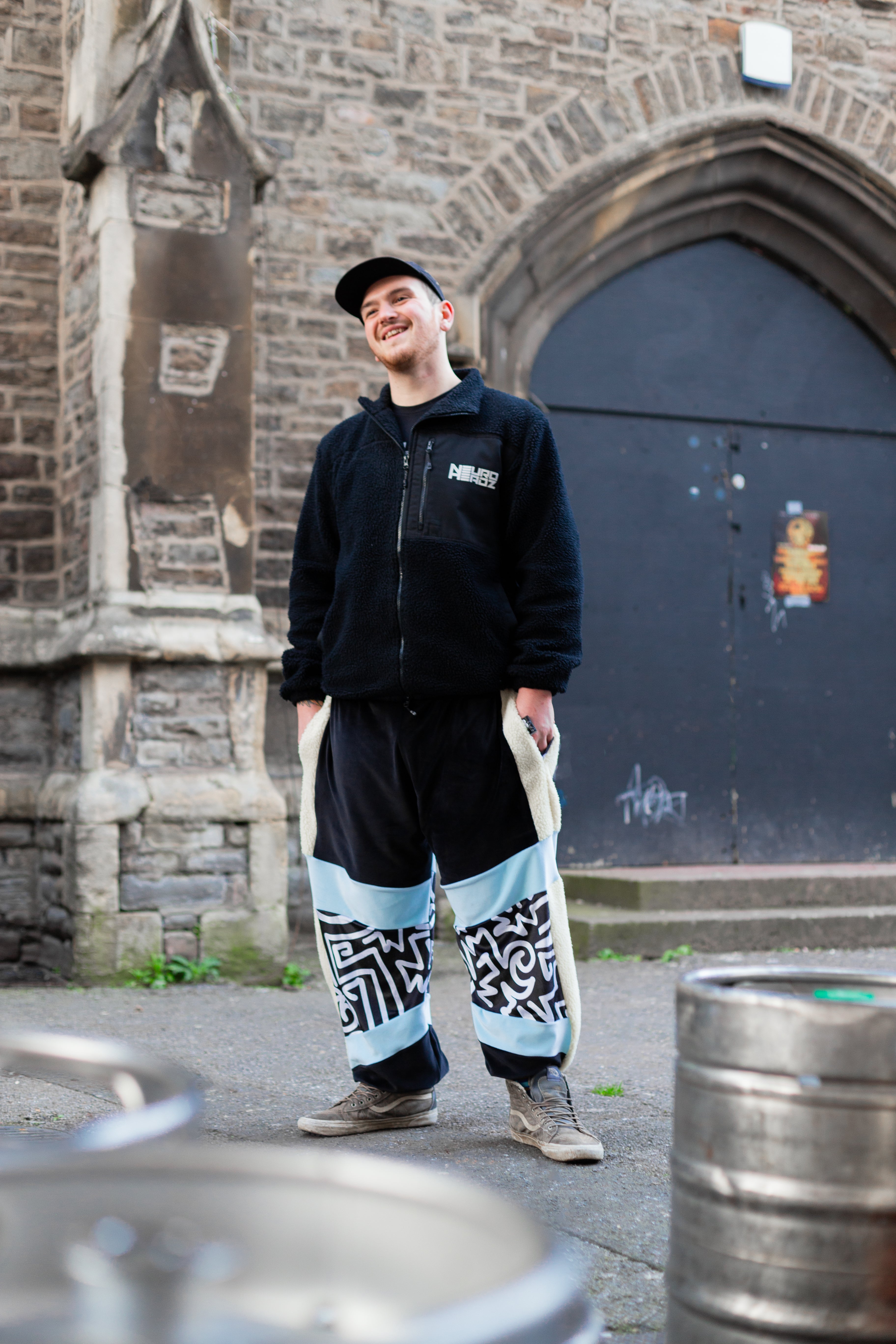 Neuroheadz co-founder Albi wearing custom rave tracksuit bottoms by Bellisa X