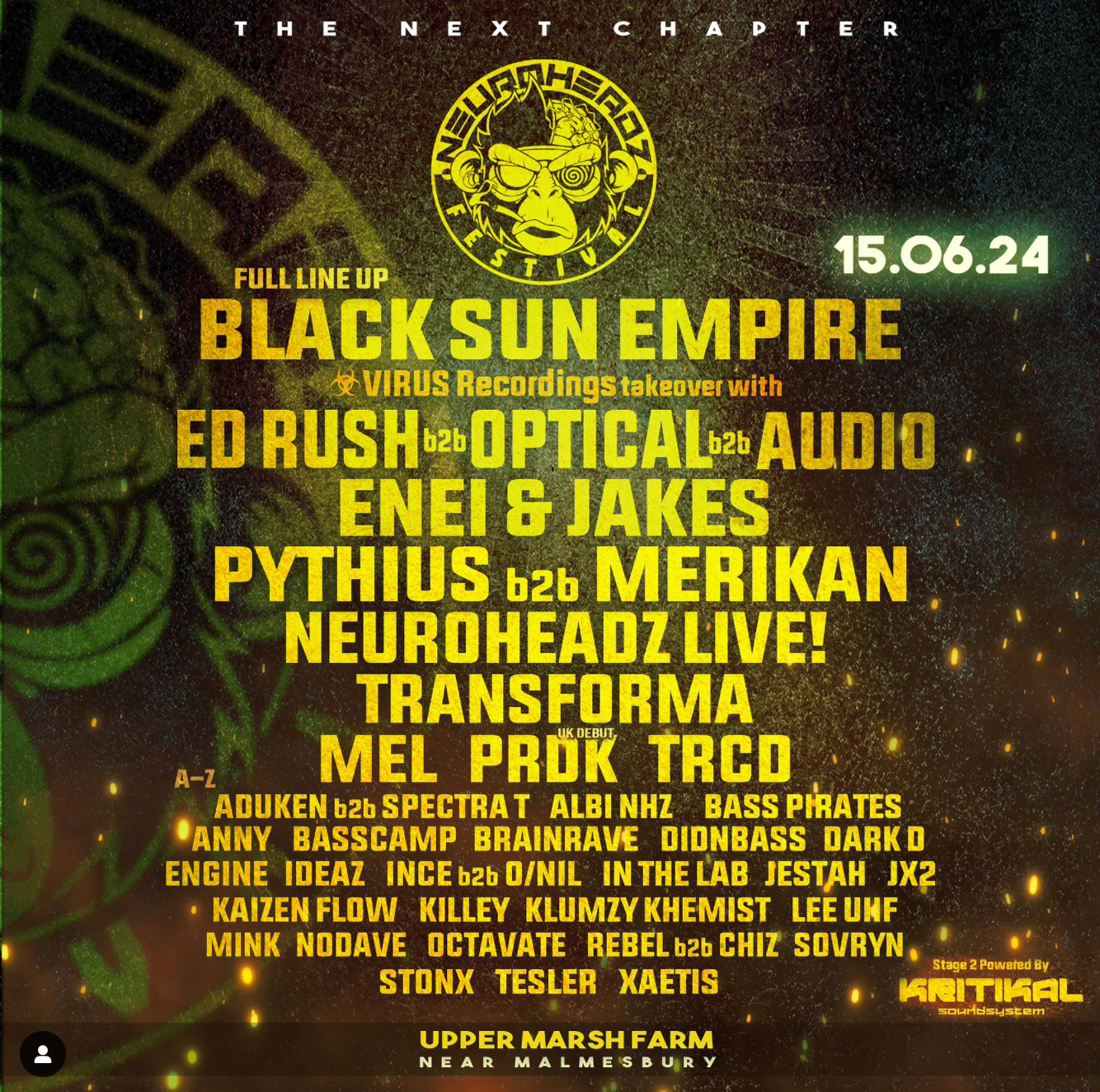 Drum and bass line up headlined by Black Sun Empire and Ed rush b2b Optical June 2024 small Grass roots festival in the UK