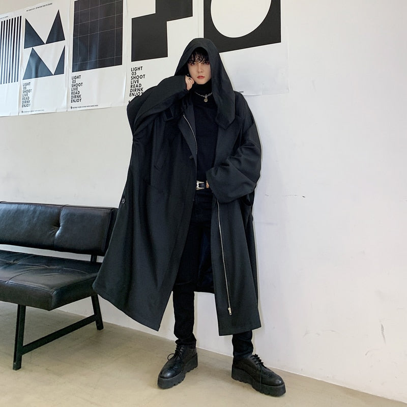 black hooded long coat