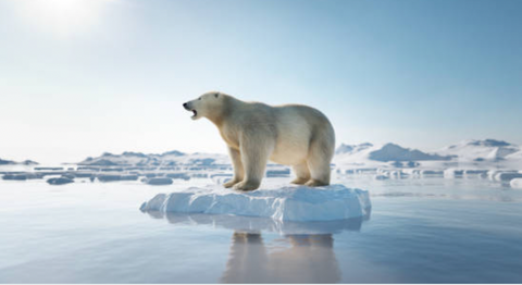 Polar bear standing on small ice cap